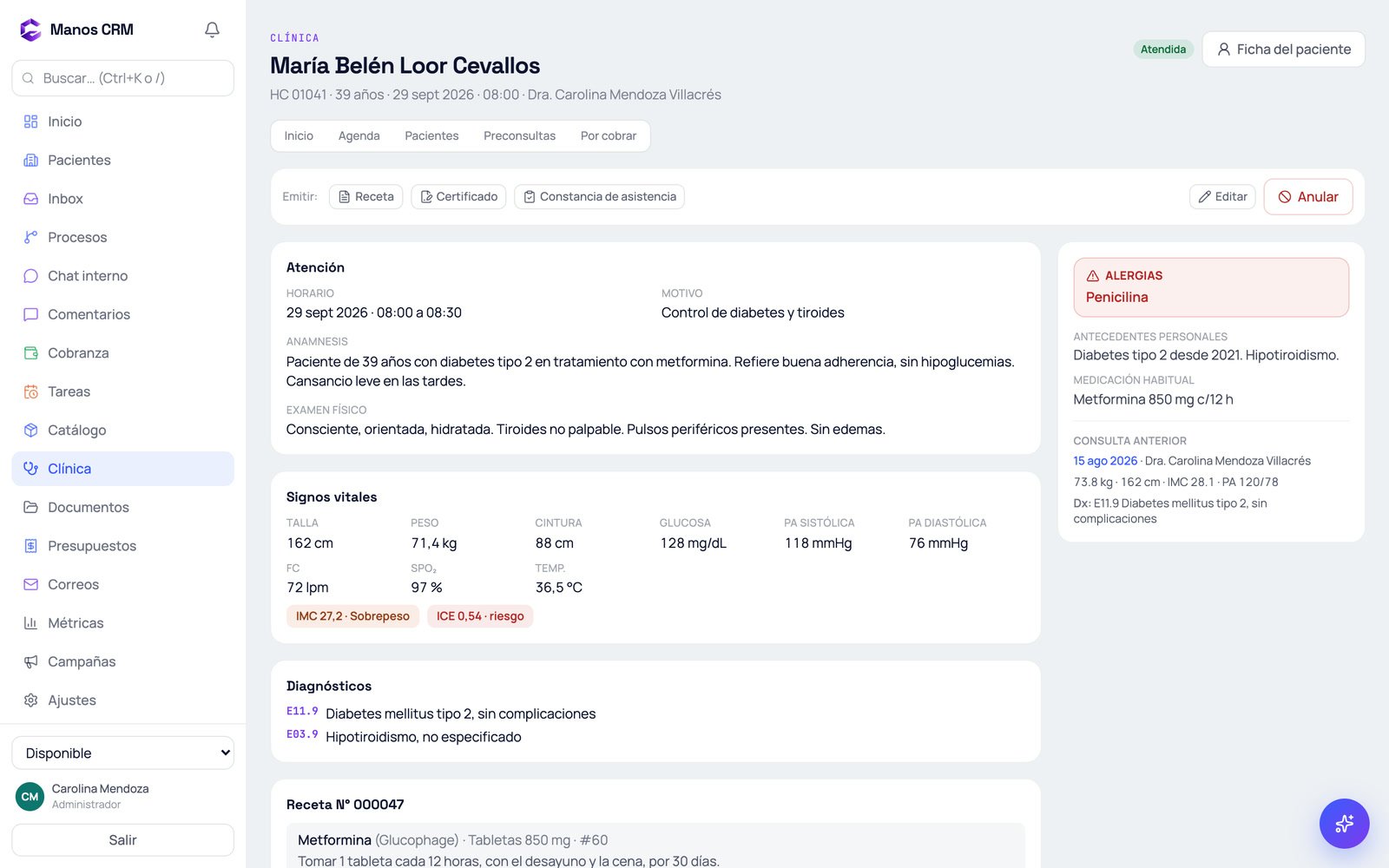Captura real del módulo Clínica de Manos CRM: consulta.