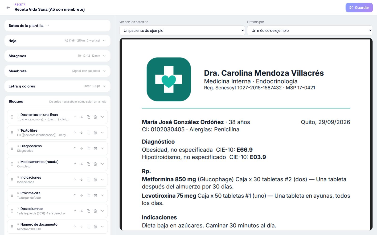 Captura real del módulo Clínica de Manos CRM: recetas y certificados.