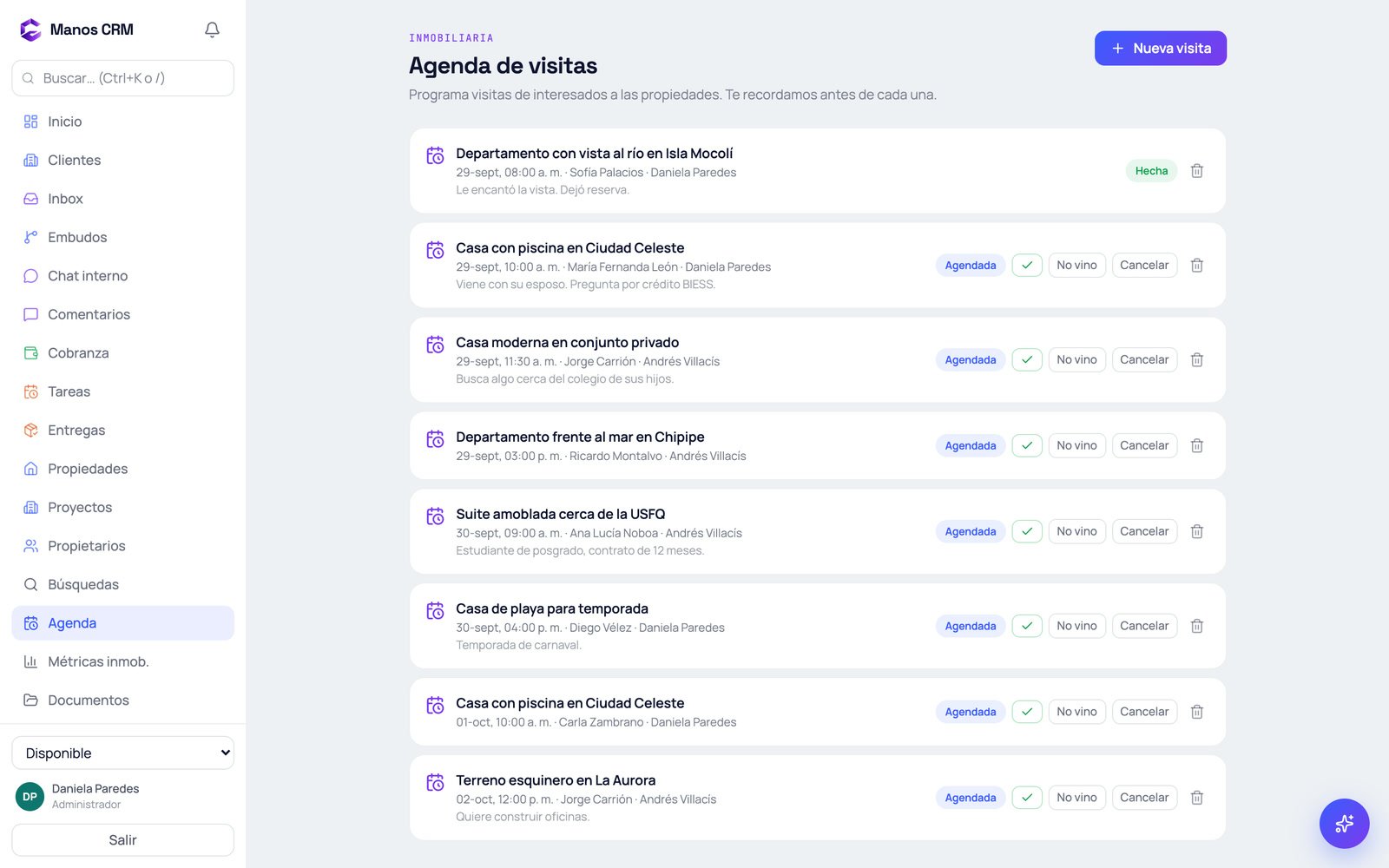 Captura real de Manos CRM: la agenda de visitas de la semana.