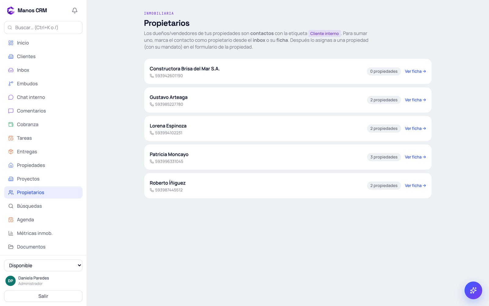 Captura real de Manos CRM: los propietarios y cuántas propiedades tiene captadas cada uno.