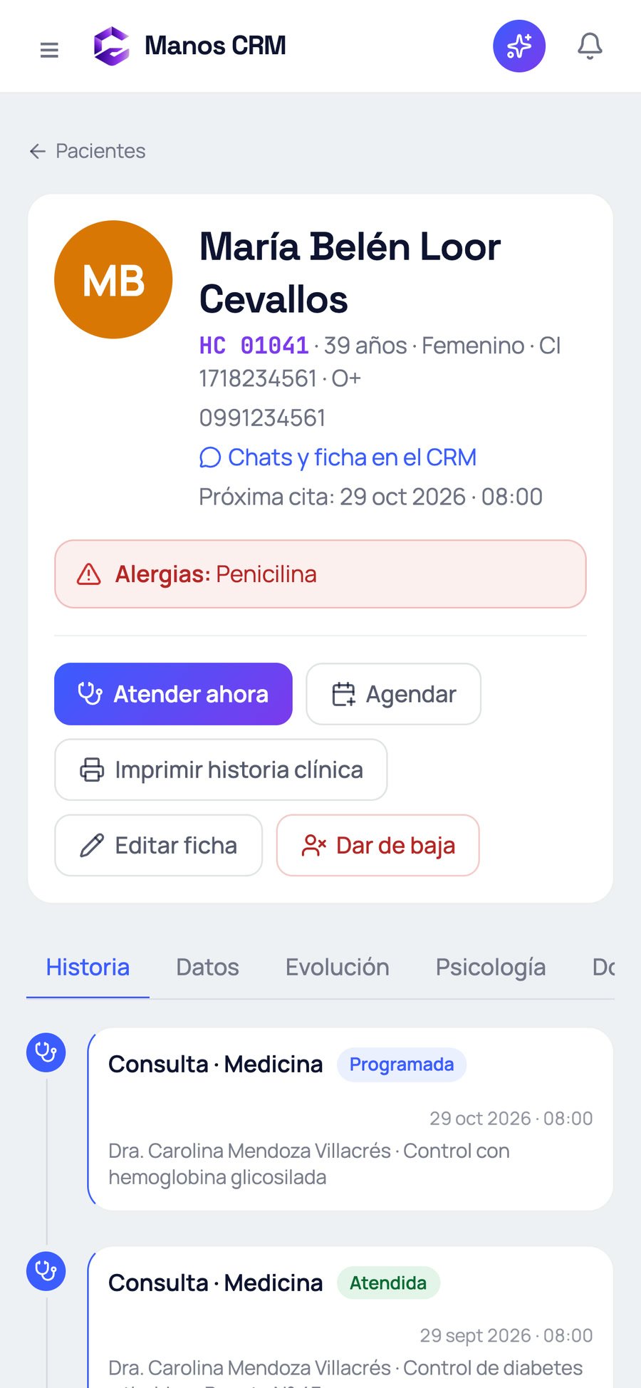 La ficha de un paciente en el celular