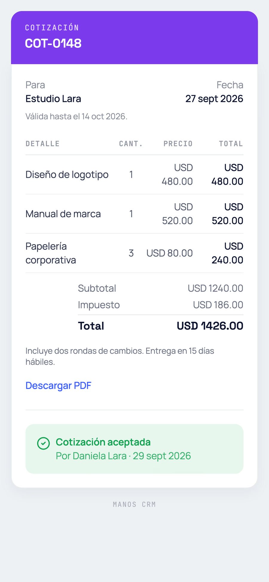 Captura real de Manos CRM en el celular: cotización que ve el cliente