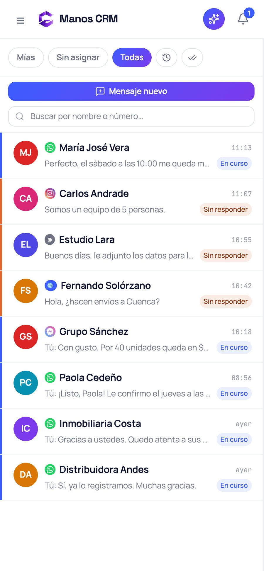 Captura real de Manos CRM en el celular: bandeja