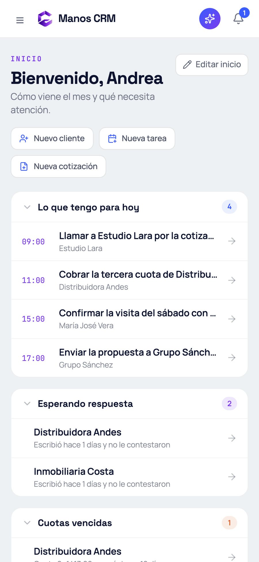 Captura real de Manos CRM en el celular: inicio