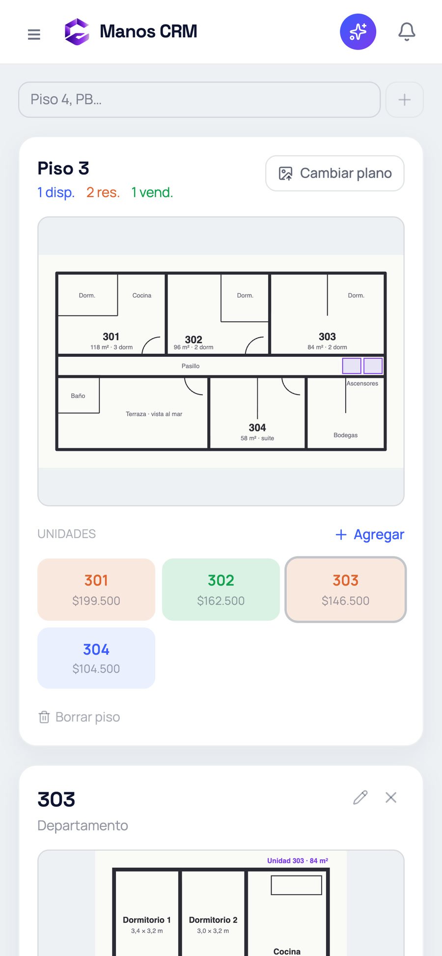 Un proyecto con sus pisos y unidades en el celular