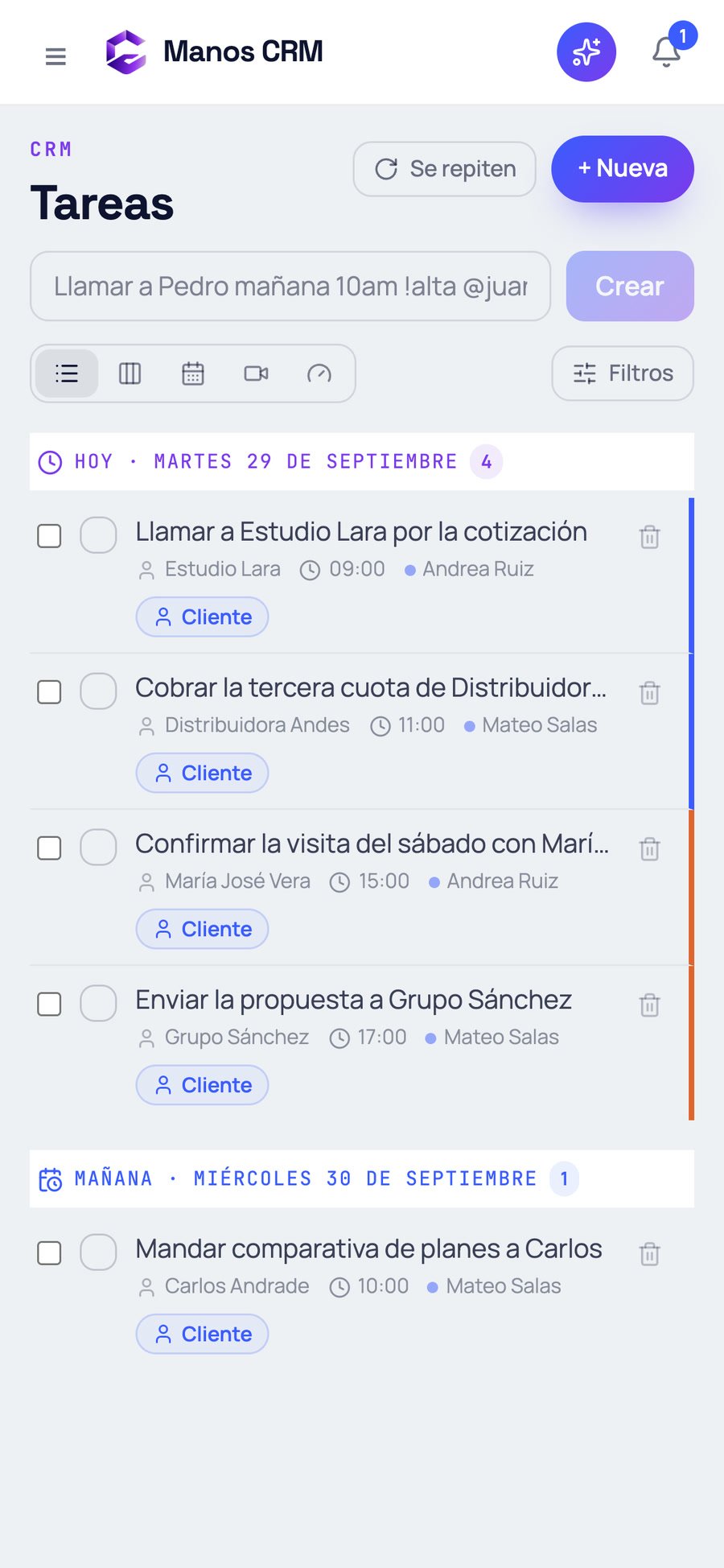 Captura real de Manos CRM en el celular: tareas